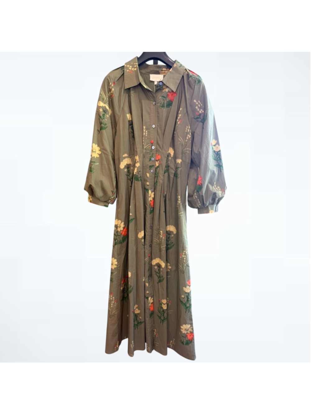 Entro Women’s Floral Print Cotton Button Front Midi Dress in Olive Green Size S